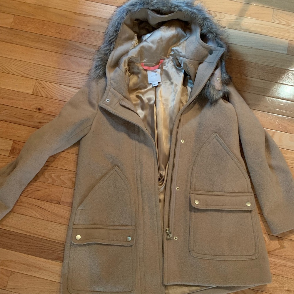 JCrew Women’s Camel Coat with faux fur trim